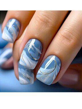 Nails Blue Swirls Glitter 24 Press On Fake Stylish Glam Trendy Sexy Reusable Fun